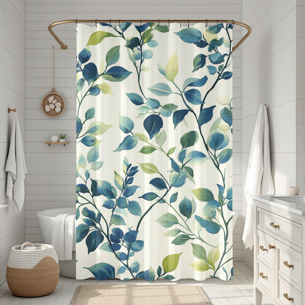 Blue Green Leaf Shower Curtain, Botanical Bathroom Decor, Coastal Nature Bath Curtain, Modern Plant Bathroom