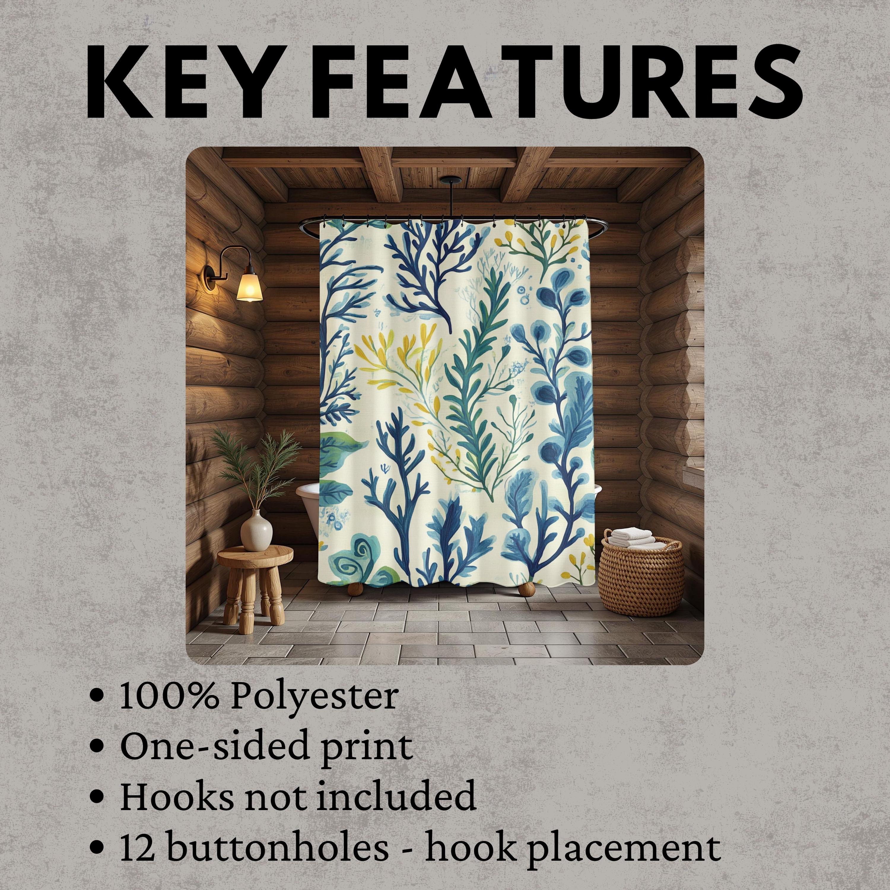 Seaweed Shower Curtain, Coastal Botanical Bathroom Decor, Ocean Plant Bath Curtain, Nautical Bathroom Style