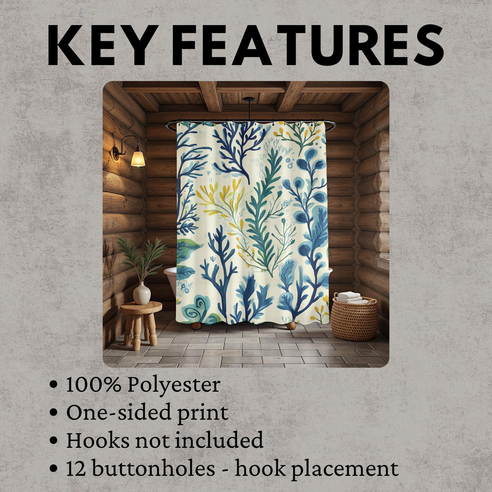 Seaweed Shower Curtain, Coastal Botanical Bathroom Decor, Ocean Plant Bath Curtain, Nautical Bathroom Style