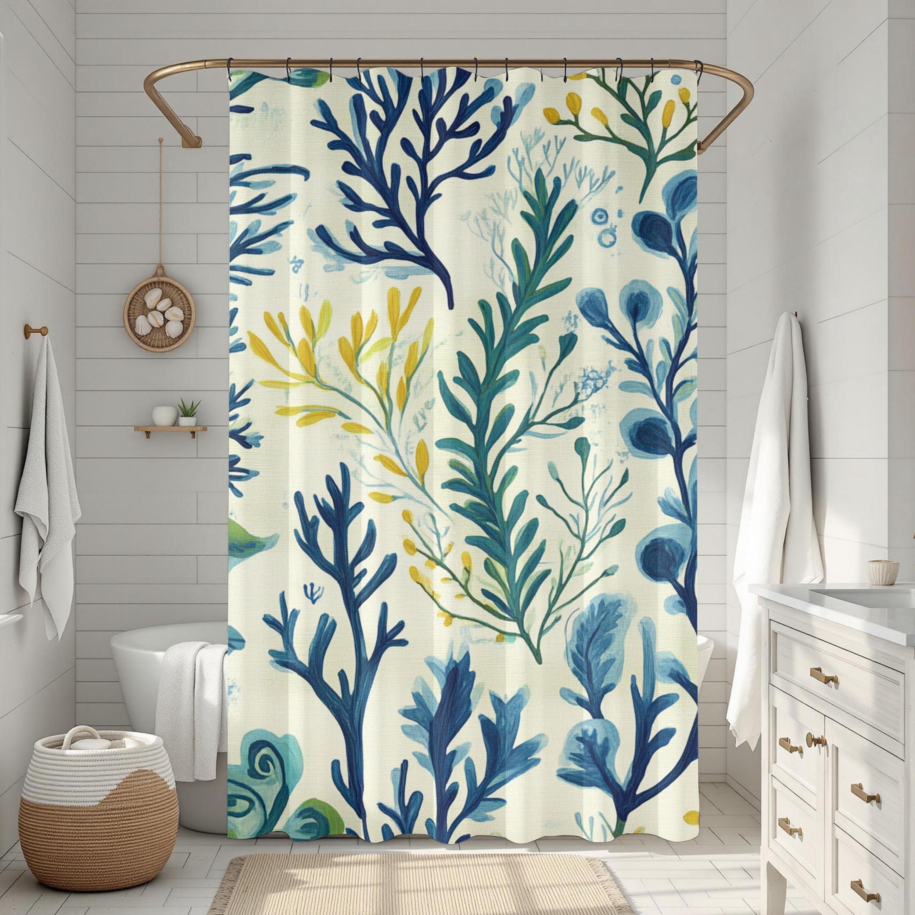 Seaweed Shower Curtain, Coastal Botanical Bathroom Decor, Ocean Plant Bath Curtain, Nautical Bathroom Style