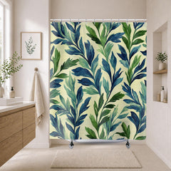 Botanical Leaf Shower Curtain, Blue Green Bathroom Decor, Nature Inspired Bath Curtain, Modern Coastal Bathroom