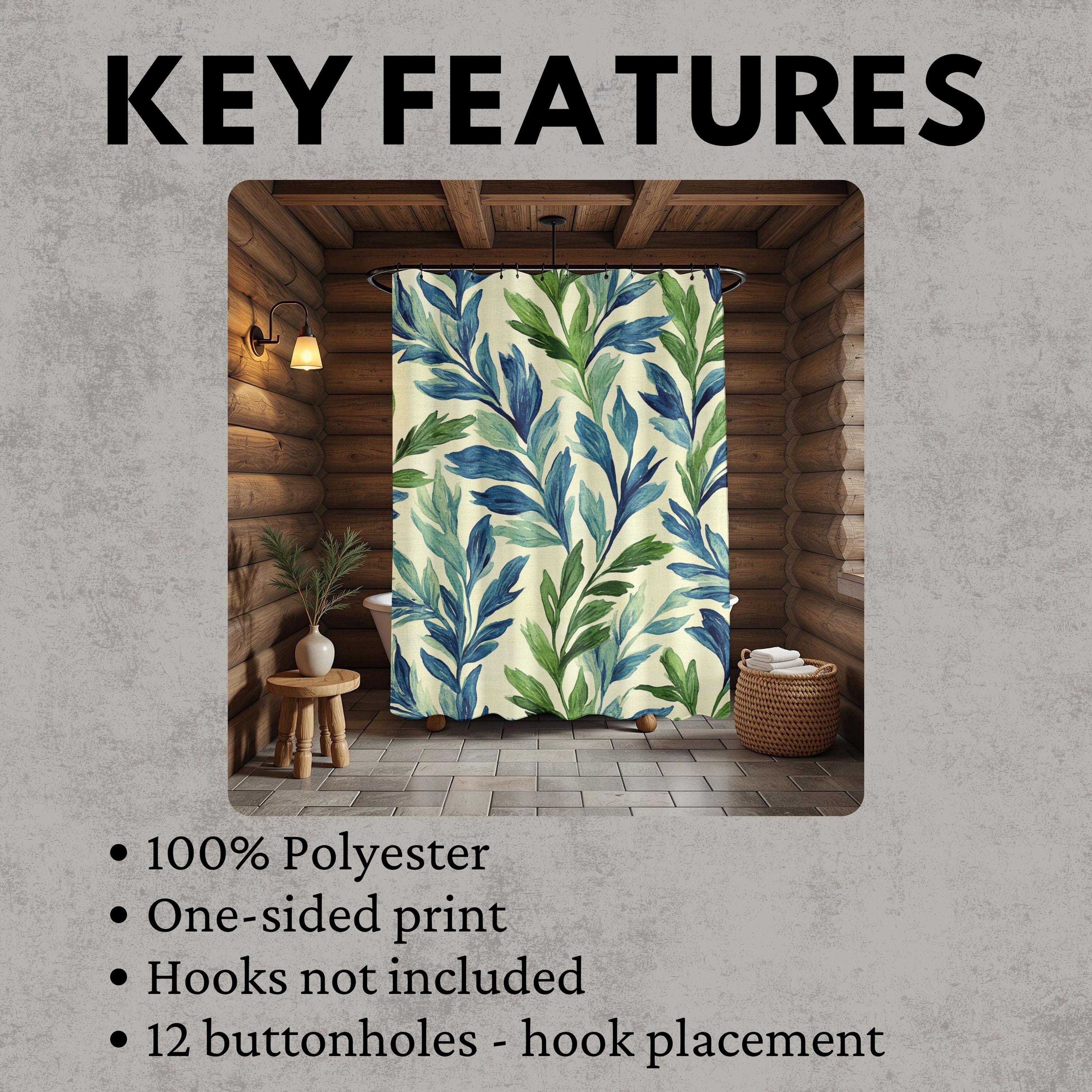 Botanical Leaf Shower Curtain, Blue Green Bathroom Decor, Nature Inspired Bath Curtain, Modern Coastal Bathroom