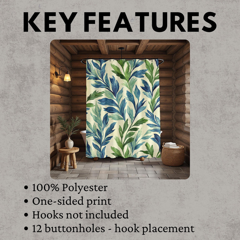 Botanical Leaf Shower Curtain, Blue Green Bathroom Decor, Nature Inspired Bath Curtain, Modern Coastal Bathroom