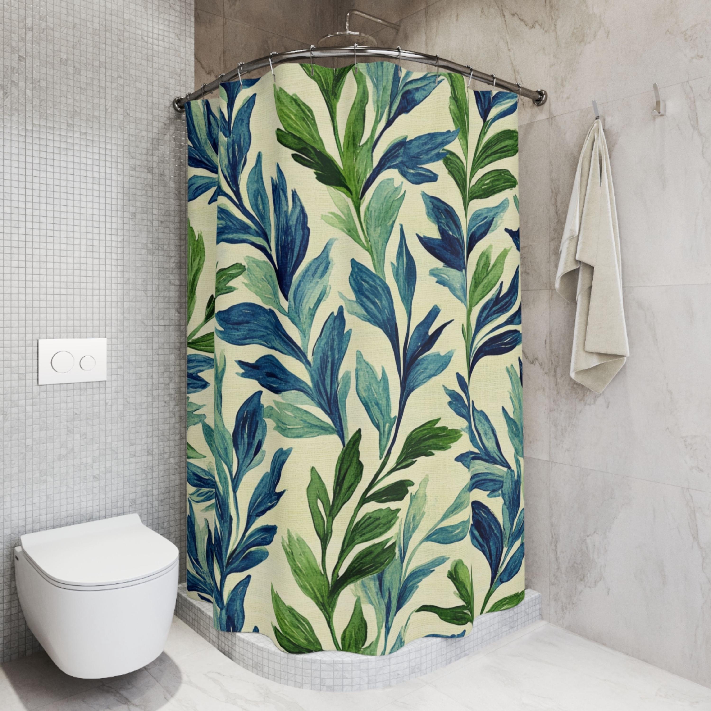 Botanical Leaf Shower Curtain, Blue Green Bathroom Decor, Nature Inspired Bath Curtain, Modern Coastal Bathroom