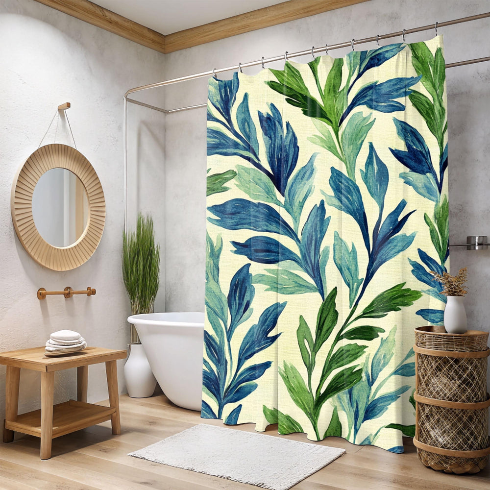 Botanical Leaf Shower Curtain, Blue Green Bathroom Decor, Nature Inspired Bath Curtain, Modern Coastal Bathroom