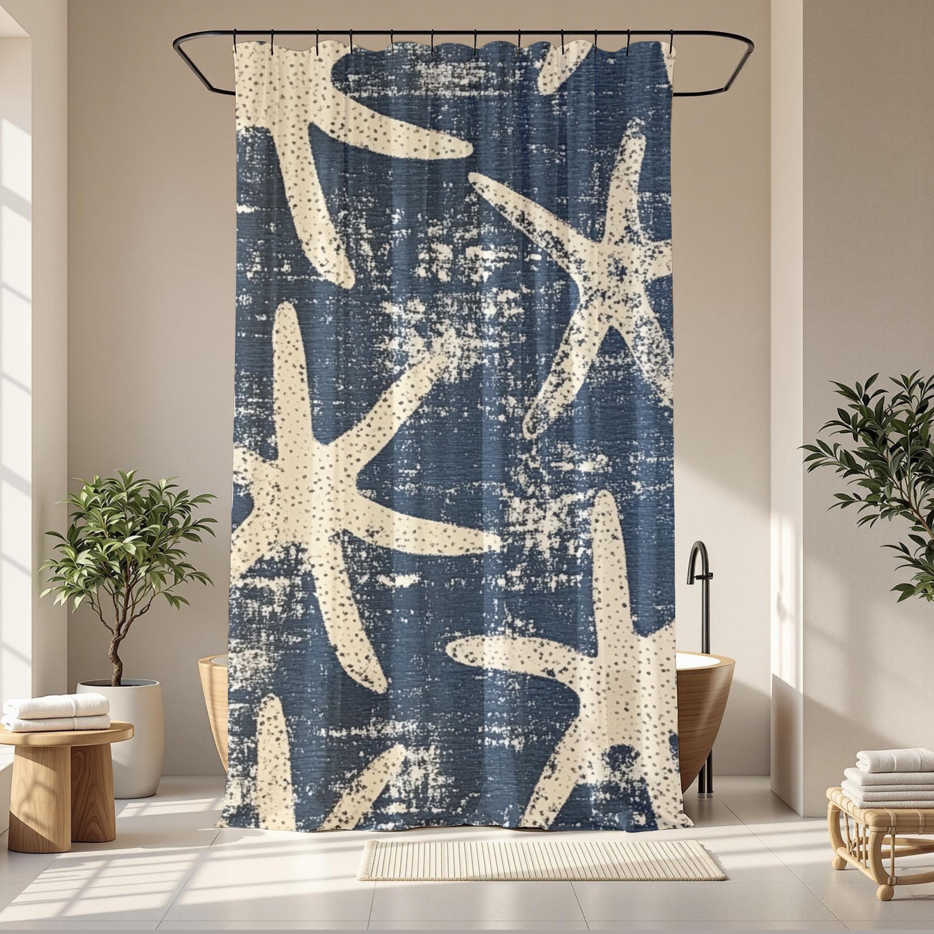 Starfish Shower Curtain, Coastal Bathroom Decor, Navy Blue Beach Bath Curtain, Nautical Ocean Style