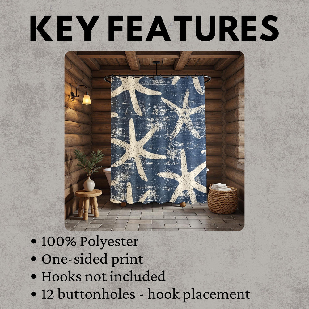 Starfish Shower Curtain, Coastal Bathroom Decor, Navy Blue Beach Bath Curtain, Nautical Ocean Style