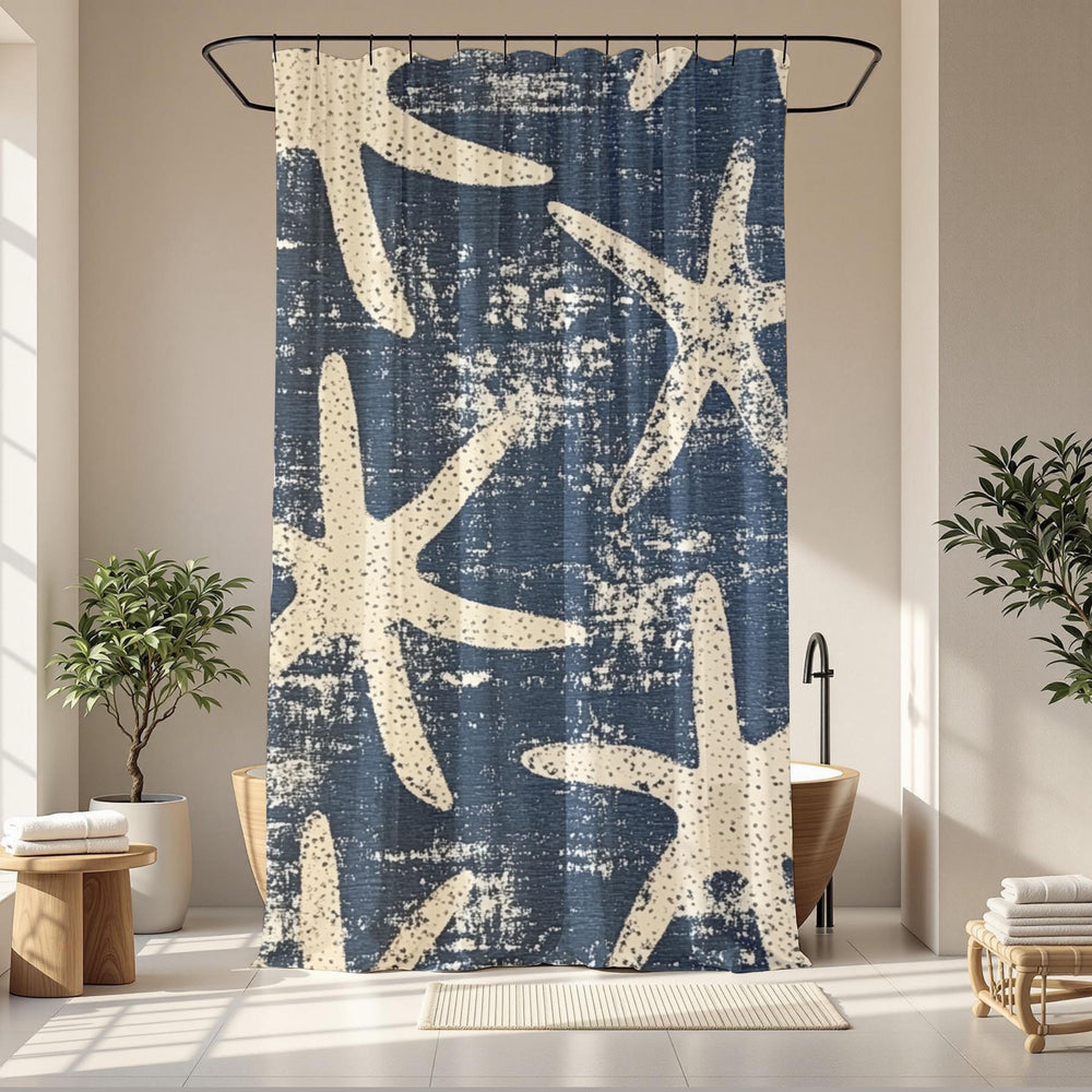 Starfish Shower Curtain, Coastal Bathroom Decor, Navy Blue Beach Bath Curtain, Nautical Ocean Style