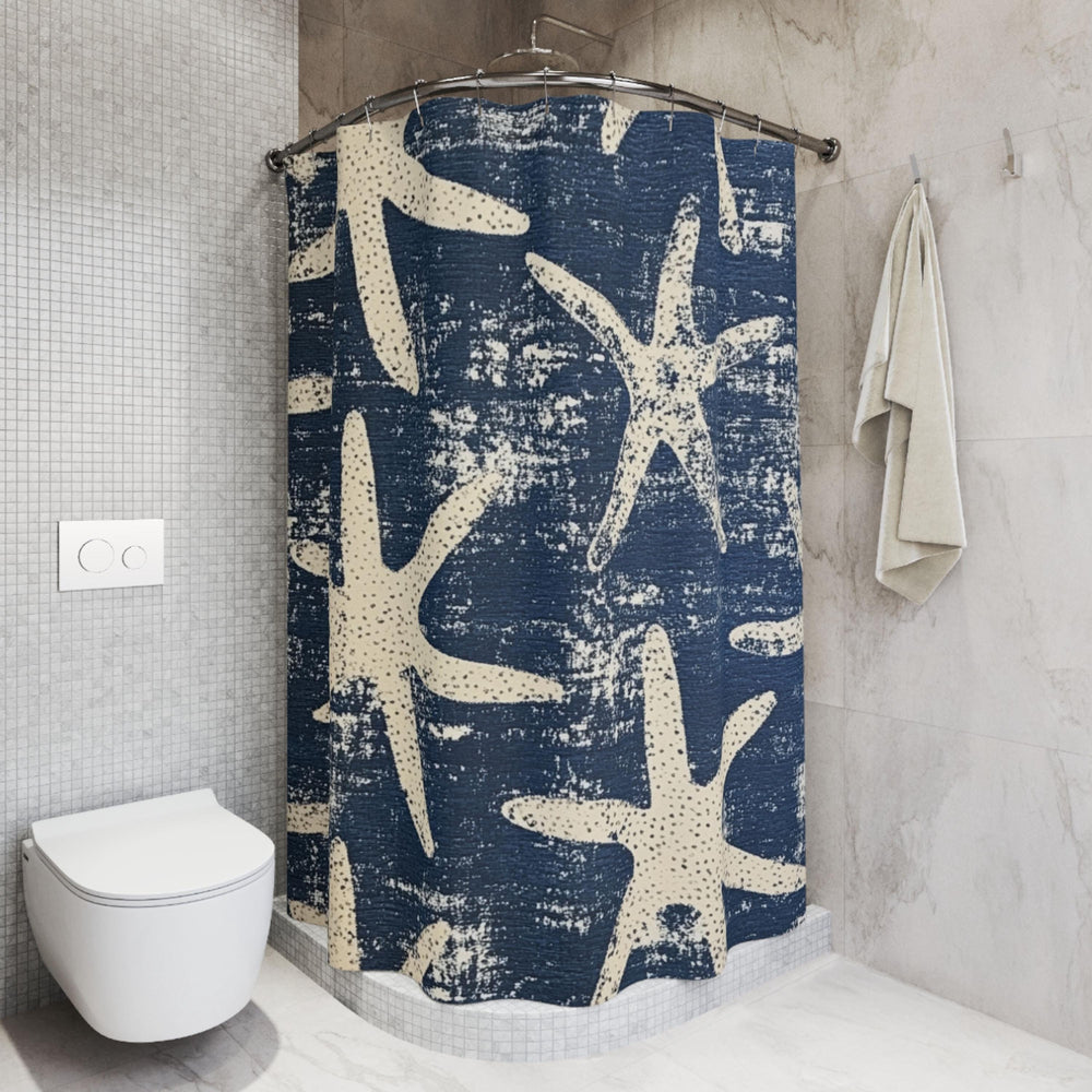 Starfish Shower Curtain, Coastal Bathroom Decor, Navy Blue Beach Bath Curtain, Nautical Ocean Style