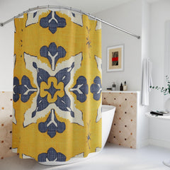 Ikat Tile Shower Curtain, Yellow Gray Bathroom Decor, Boho Geometric Bath Curtain, Modern Pattern Design