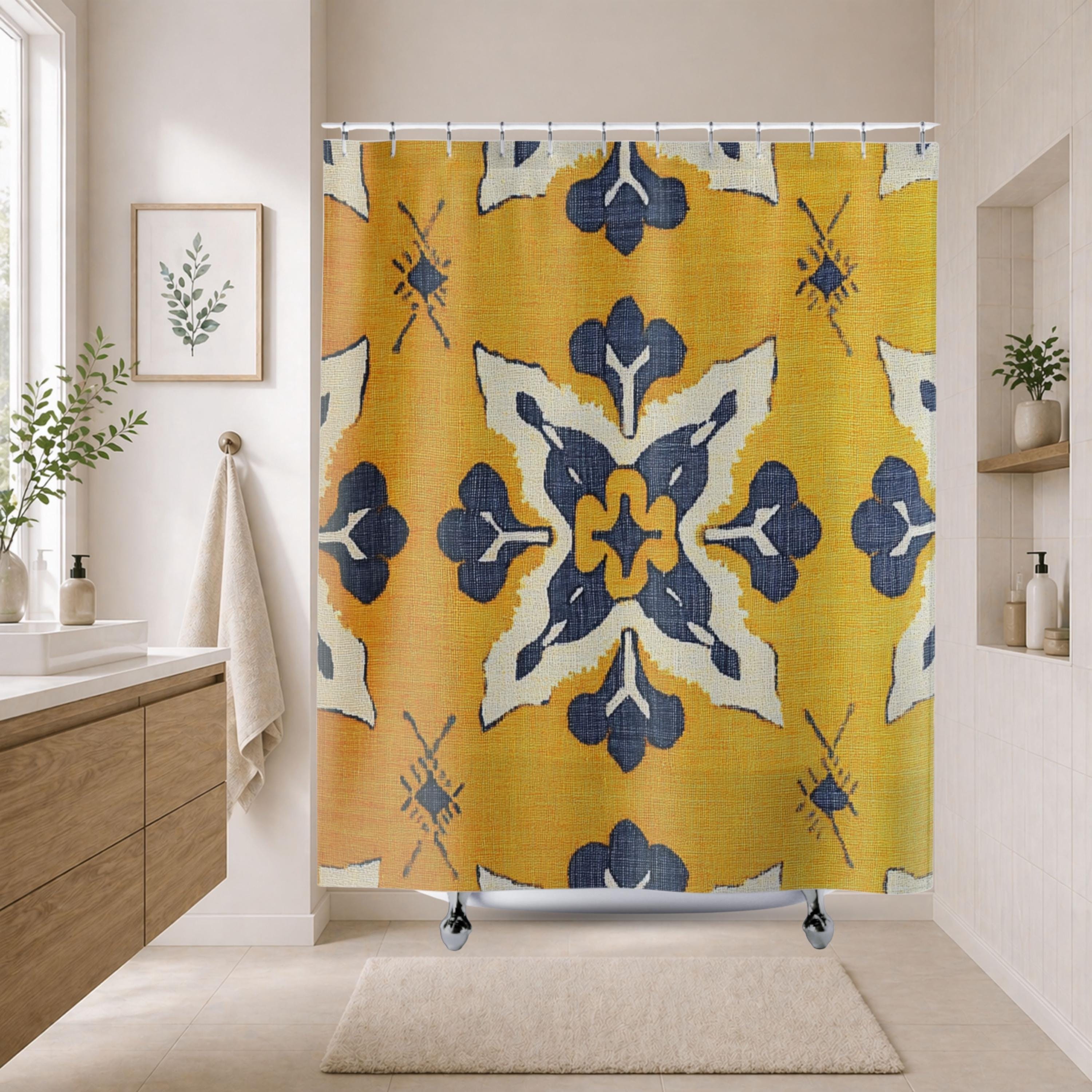 Ikat Tile Shower Curtain, Yellow Gray Bathroom Decor, Boho Geometric Bath Curtain, Modern Pattern Design