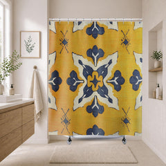 Ikat Tile Shower Curtain, Yellow Gray Bathroom Decor, Boho Geometric Bath Curtain, Modern Pattern Design