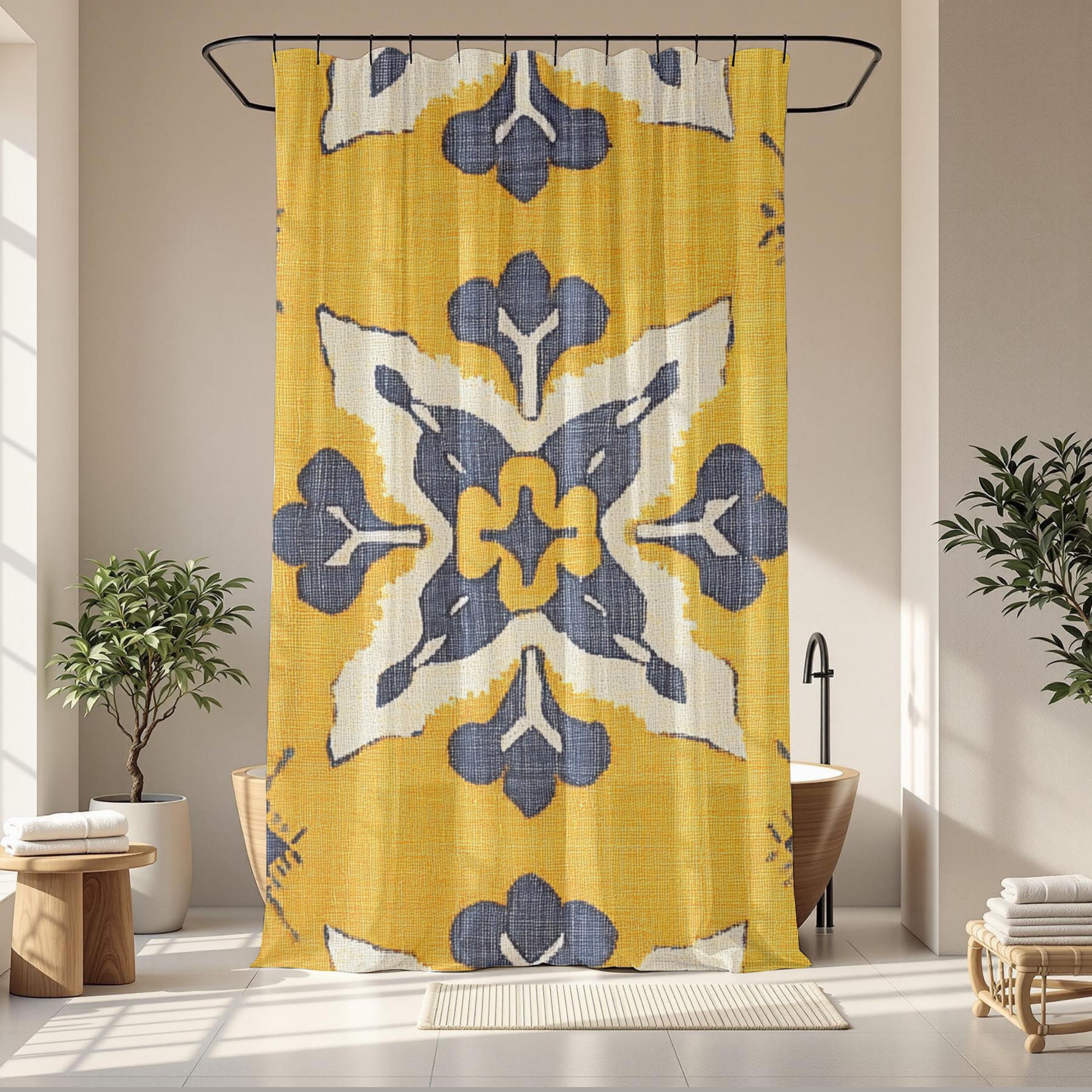 Ikat Tile Shower Curtain, Yellow Gray Bathroom Decor, Boho Geometric Bath Curtain, Modern Pattern Design