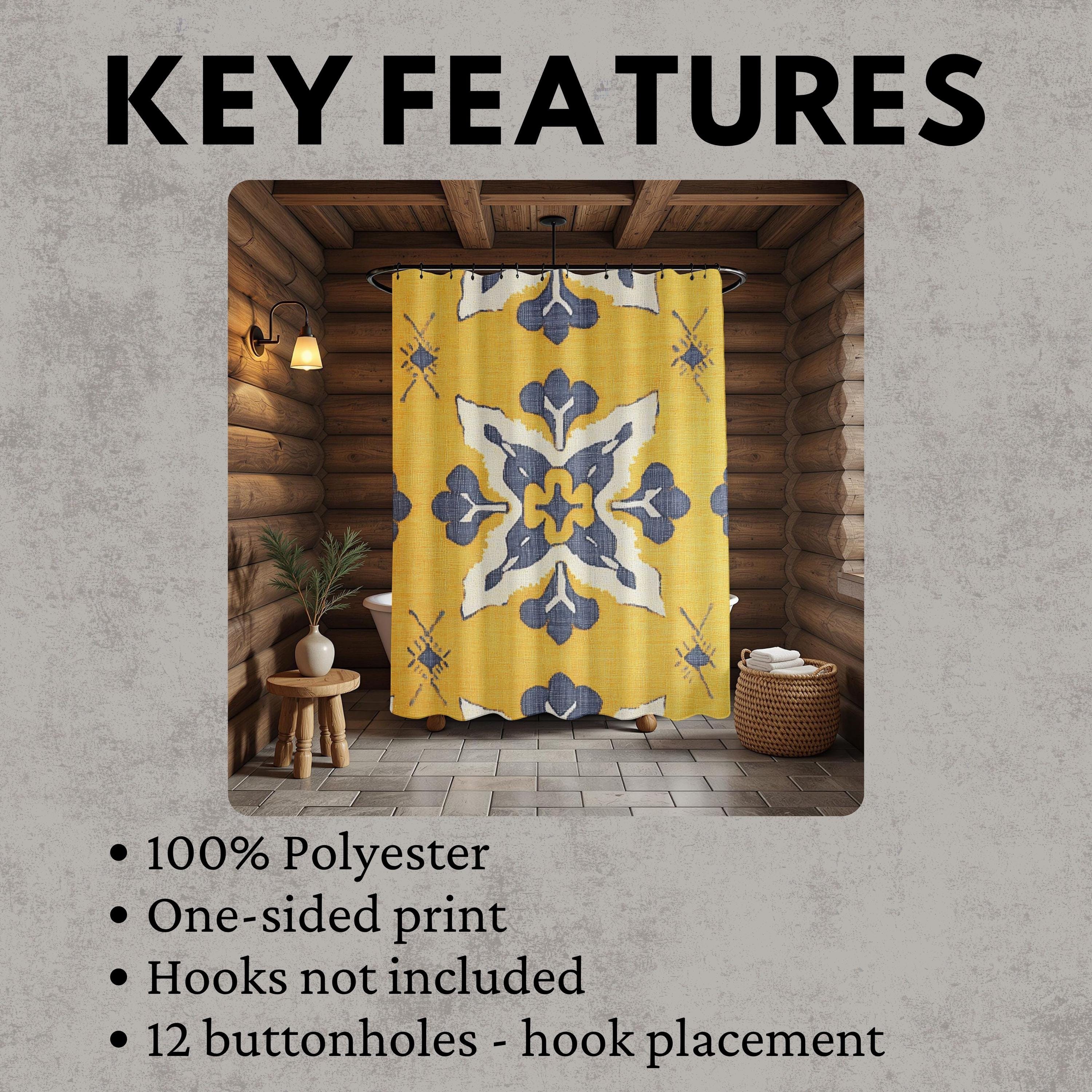 Ikat Tile Shower Curtain, Yellow Gray Bathroom Decor, Boho Geometric Bath Curtain, Modern Pattern Design