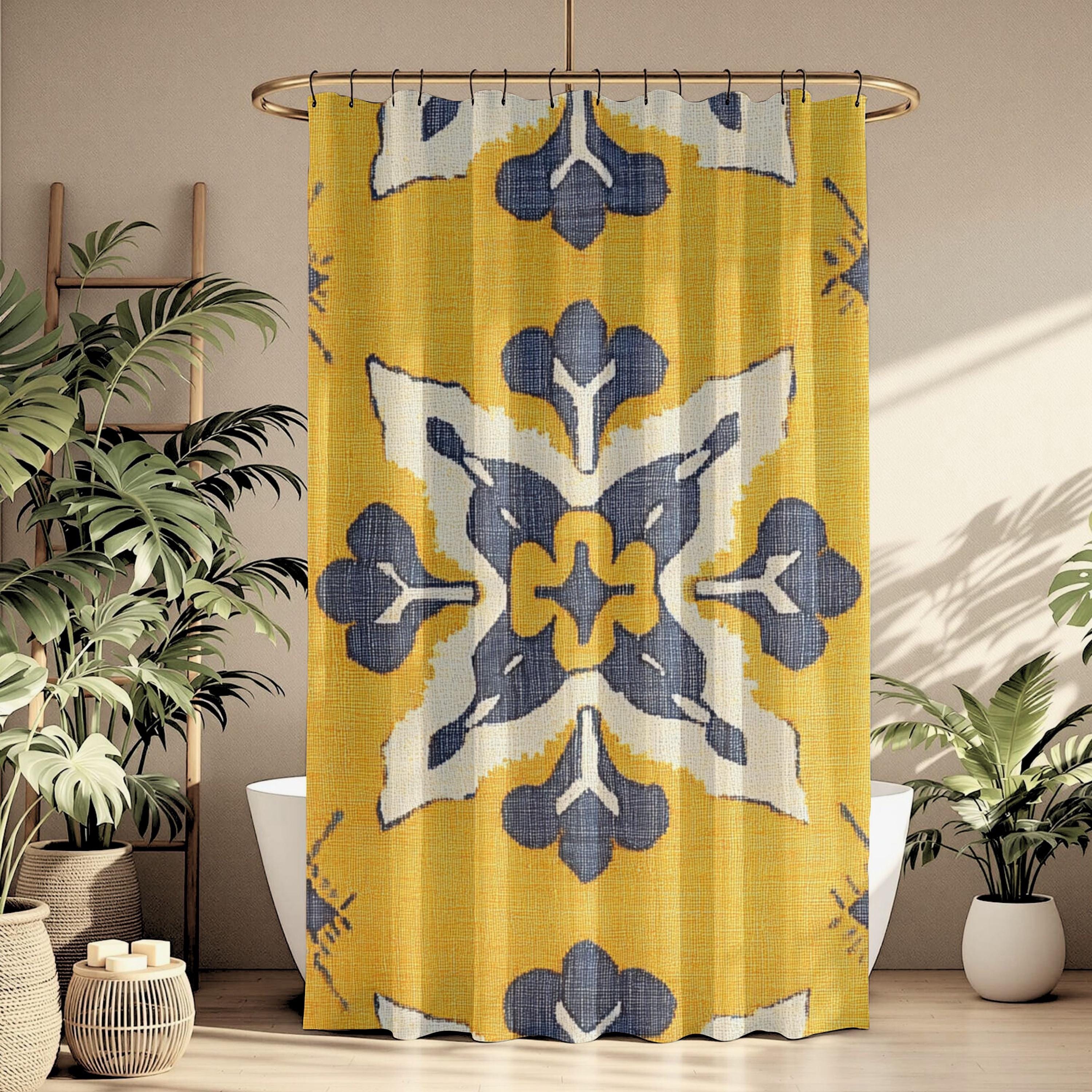 Ikat Tile Shower Curtain, Yellow Gray Bathroom Decor, Boho Geometric Bath Curtain, Modern Pattern Design