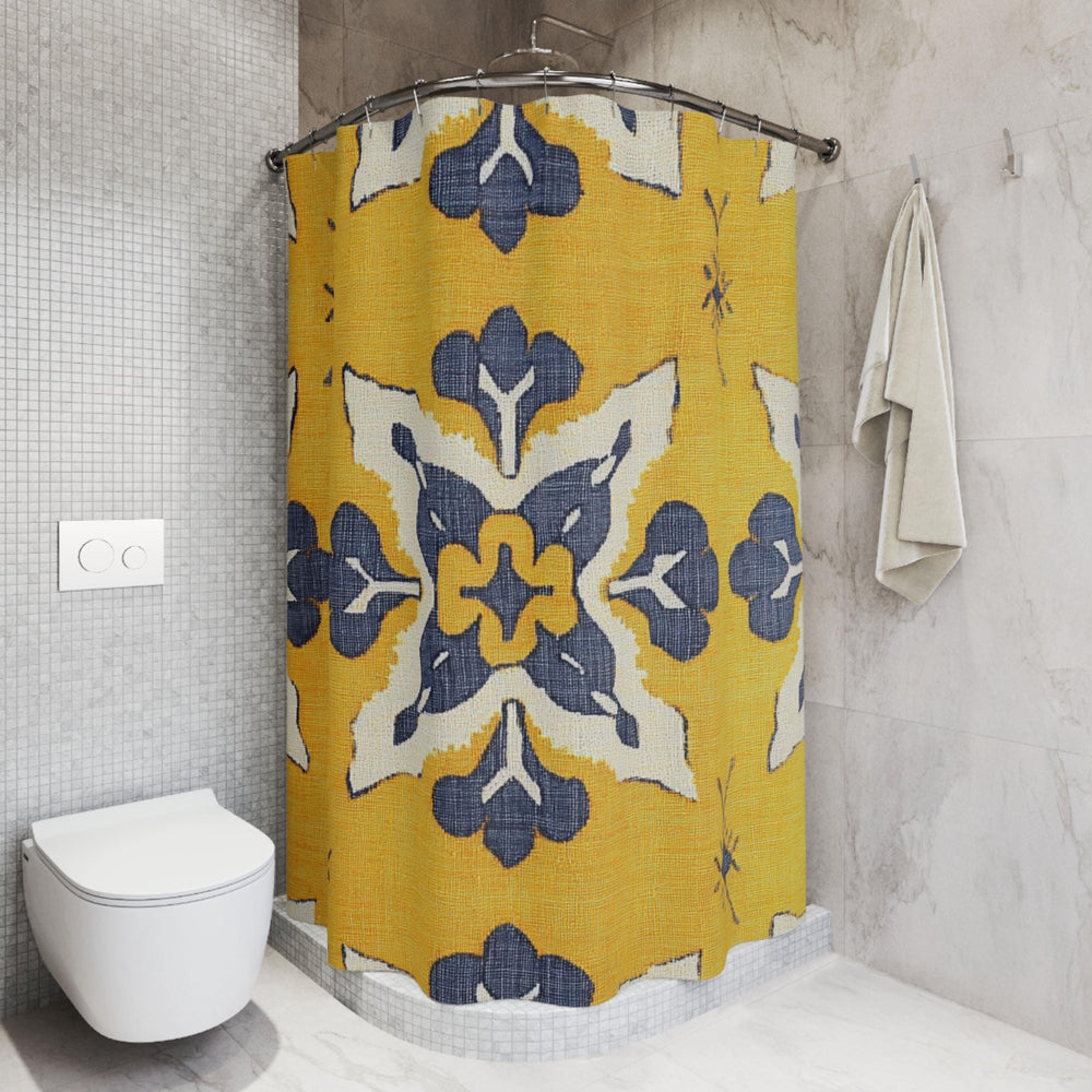 Ikat Tile Shower Curtain, Yellow Gray Bathroom Decor, Boho Geometric Bath Curtain, Modern Pattern Design