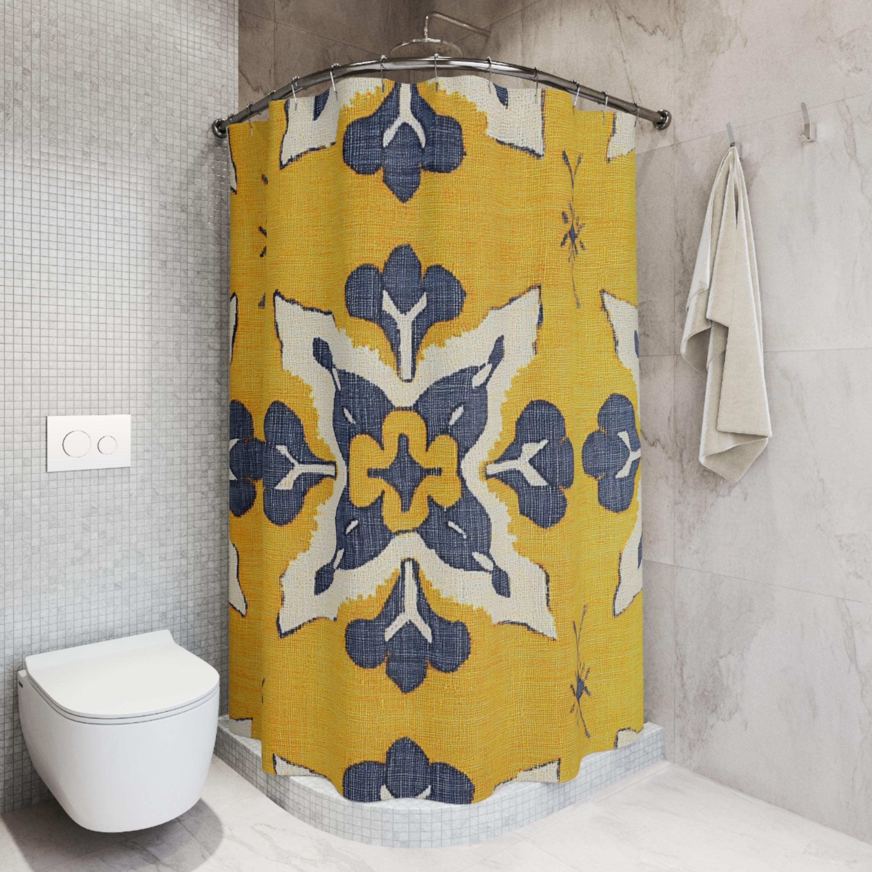Ikat Tile Shower Curtain, Yellow Gray Bathroom Decor, Boho Geometric Bath Curtain, Modern Pattern Design