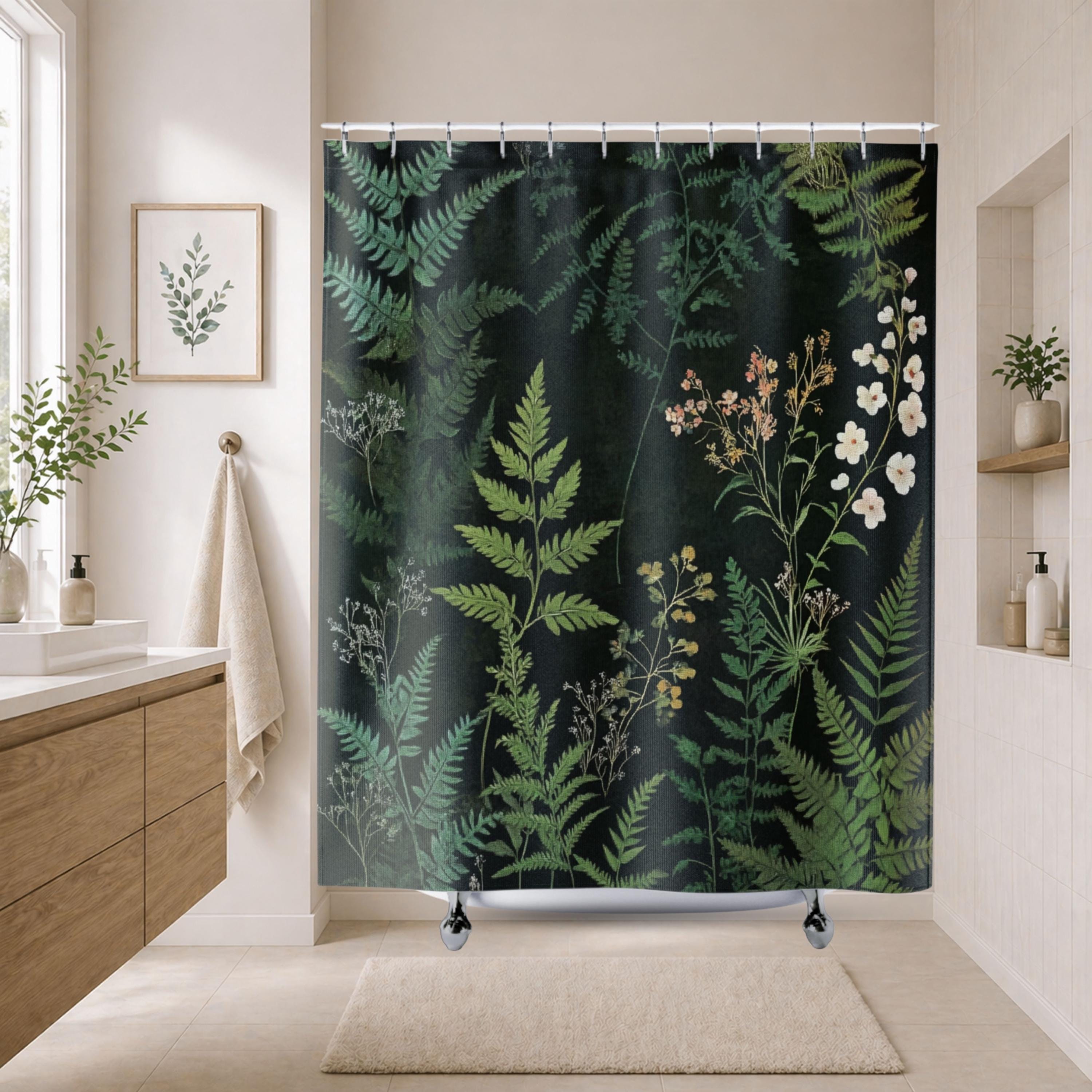 Dark Botanical Shower Curtain, Moody Fern Bathroom Decor, Forest Green Bath Curtain, Nature Inspired Style