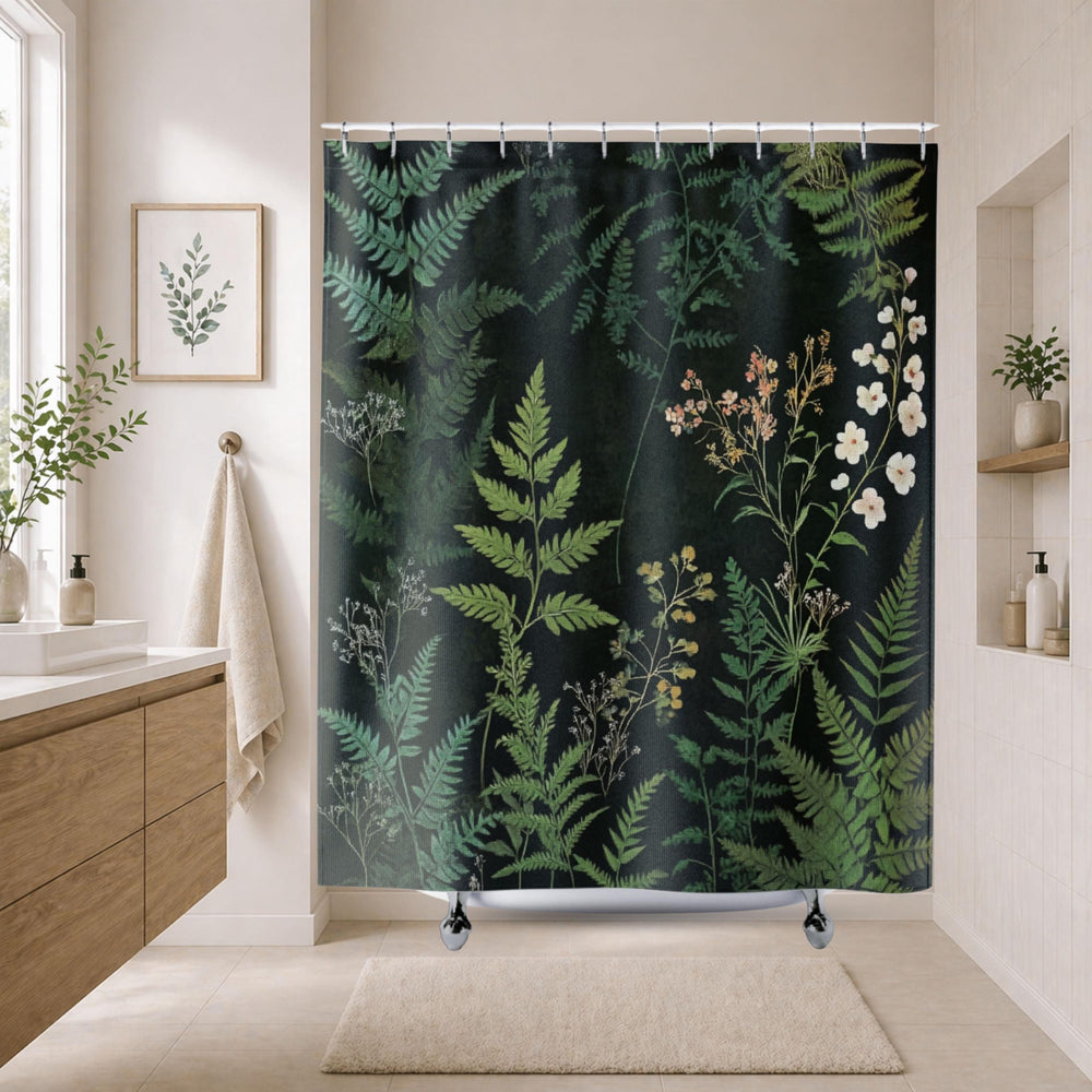 Dark Botanical Shower Curtain, Moody Fern Bathroom Decor, Forest Green Bath Curtain, Nature Inspired Style