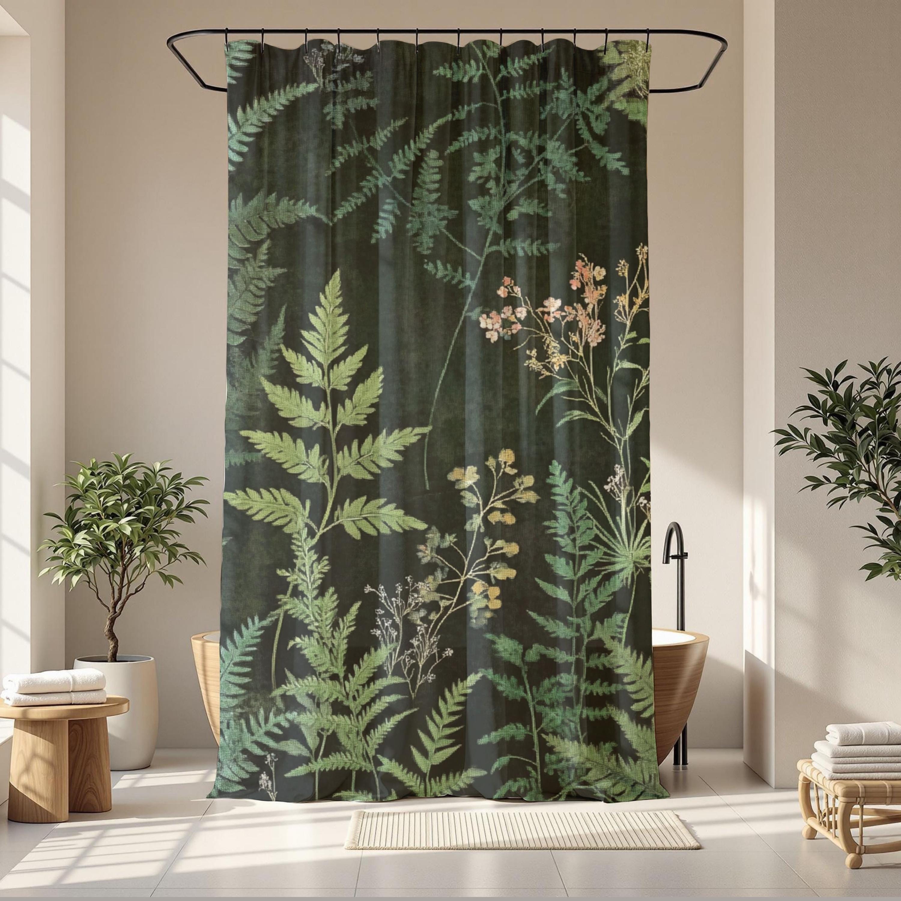 Dark Botanical Shower Curtain, Moody Fern Bathroom Decor, Forest Green Bath Curtain, Nature Inspired Style