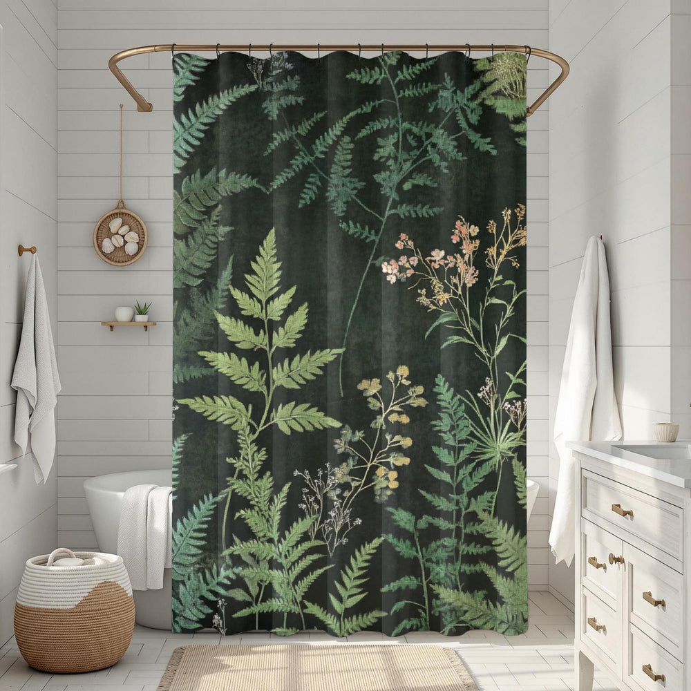 Dark Botanical Shower Curtain, Moody Fern Bathroom Decor, Forest Green Bath Curtain, Nature Inspired Style