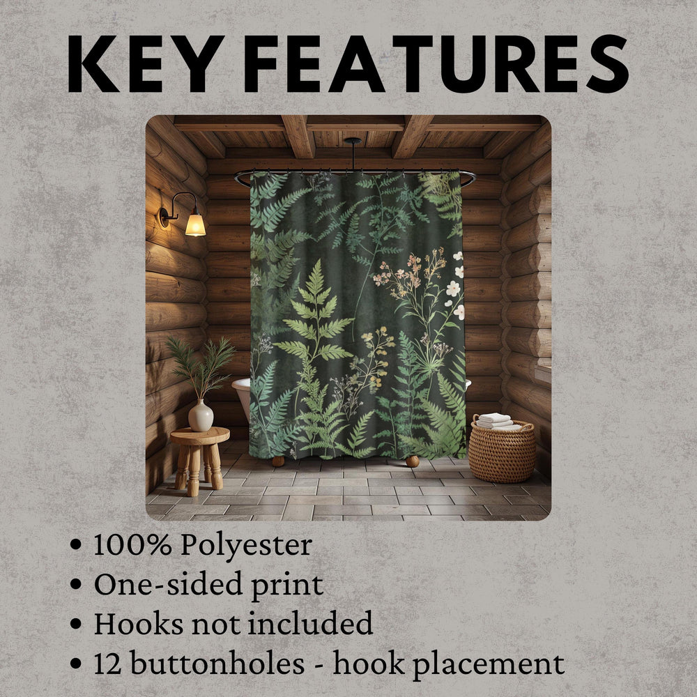 Dark Botanical Shower Curtain, Moody Fern Bathroom Decor, Forest Green Bath Curtain, Nature Inspired Style