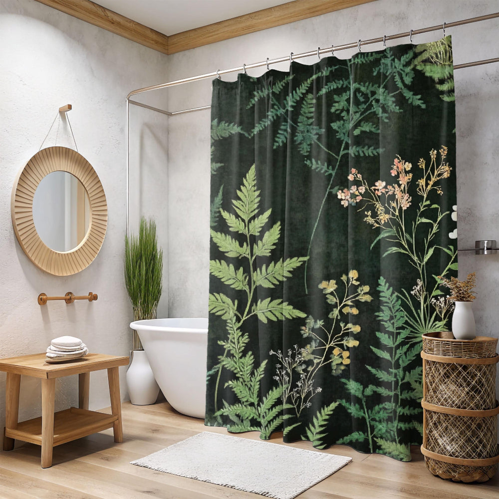 Dark Botanical Shower Curtain, Moody Fern Bathroom Decor, Forest Green Bath Curtain, Nature Inspired Style