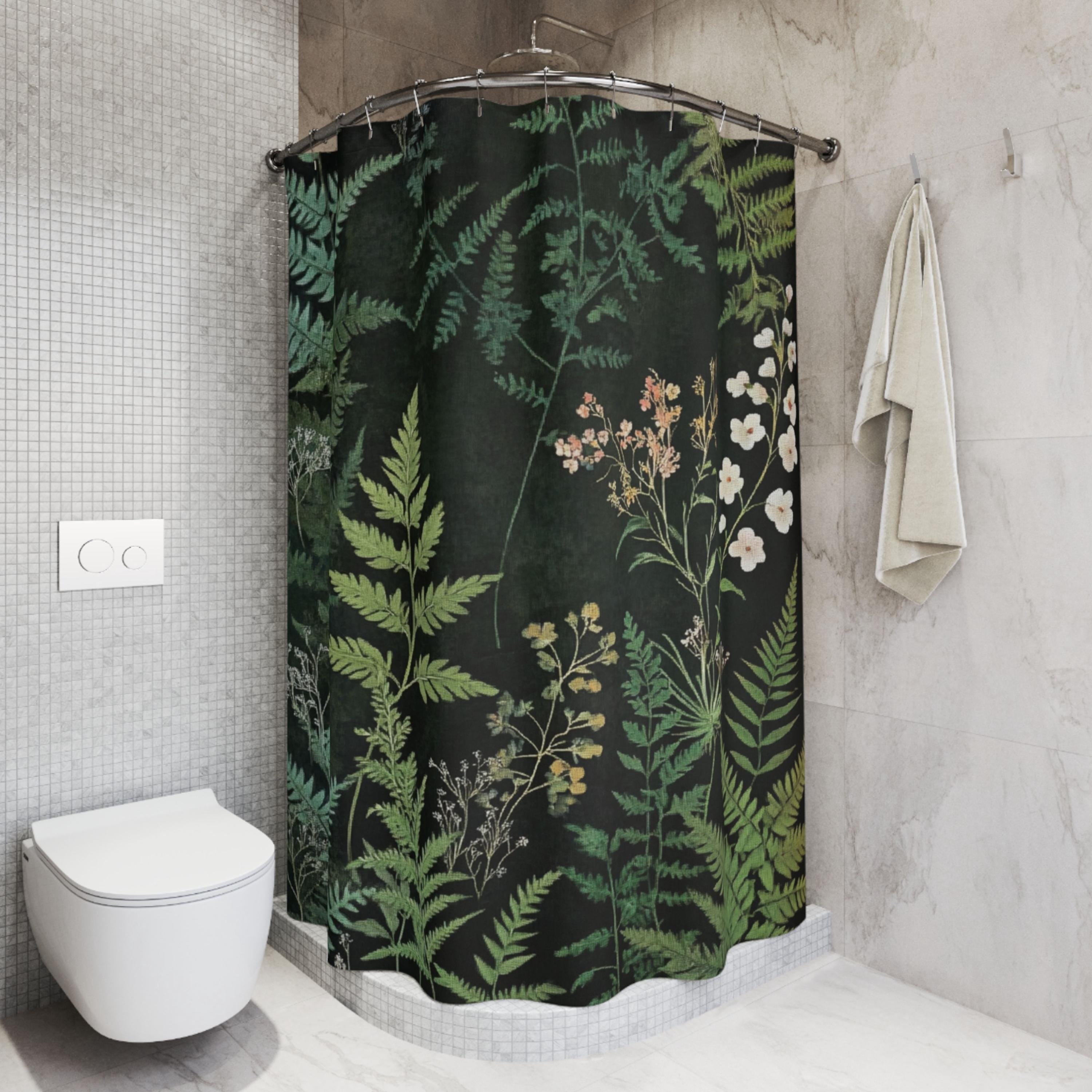 Dark Botanical Shower Curtain, Moody Fern Bathroom Decor, Forest Green Bath Curtain, Nature Inspired Style