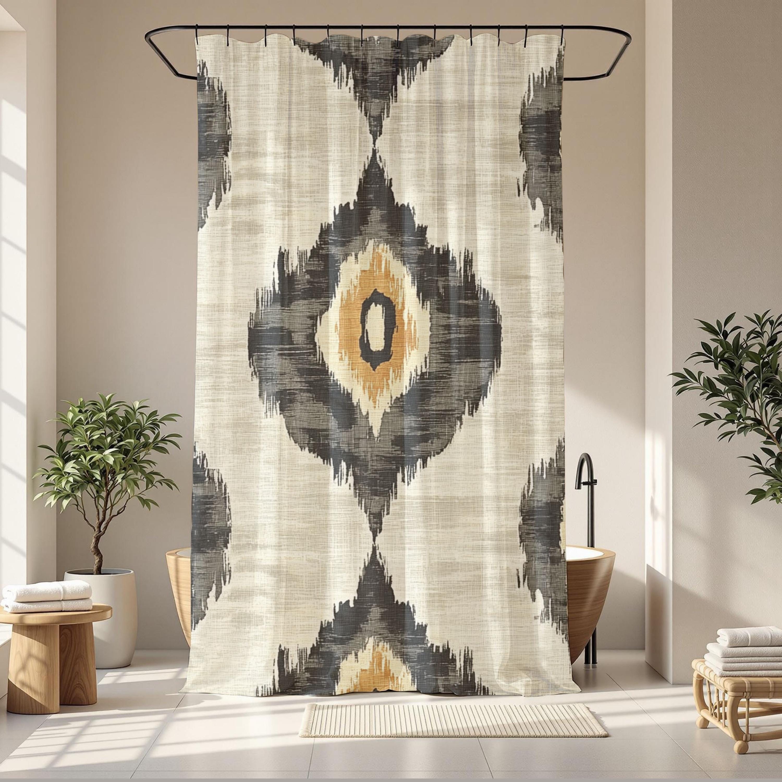 Neutral Ikat Shower Curtain, Modern Tribal Bathroom Decor, Beige Black Bath Curtain, Minimal Pattern Style