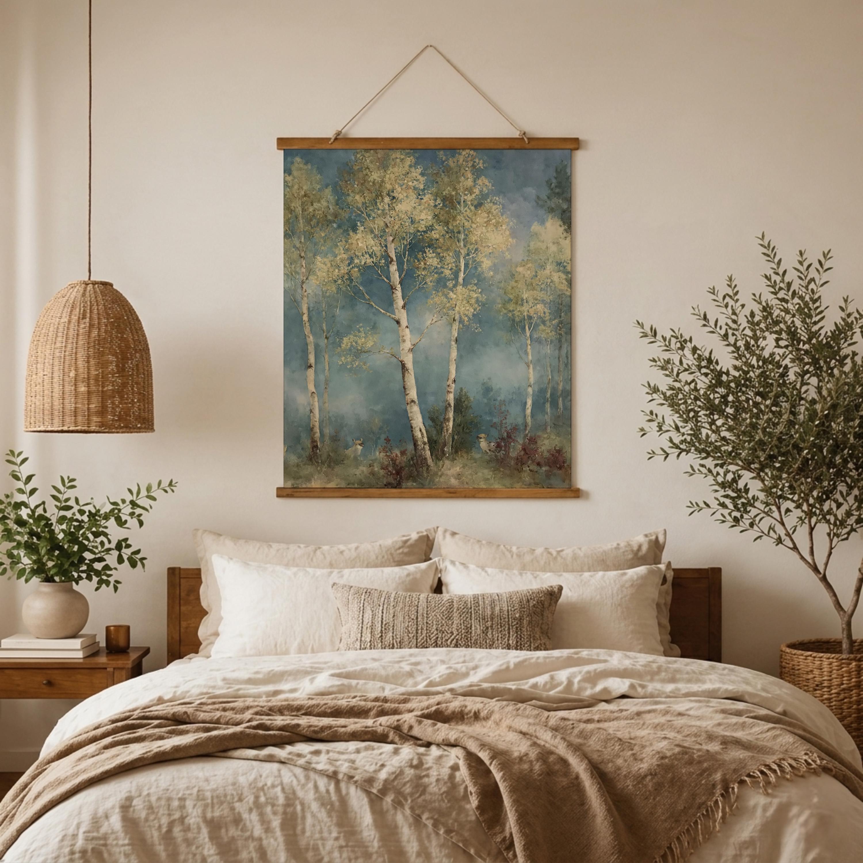 Soft Naturalist Forest Tapestry Wall Hanging, Large Nature Wall Decor, Rustic Woodland Fabric Tapestry, Calm Neutral Bedroom Wall Art