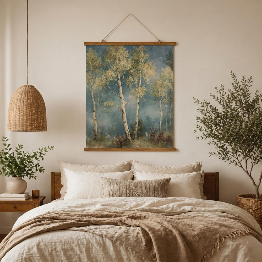 Soft Naturalist Forest Tapestry Wall Hanging, Large Nature Wall Decor, Rustic Woodland Fabric Tapestry, Calm Neutral Bedroom Wall Art