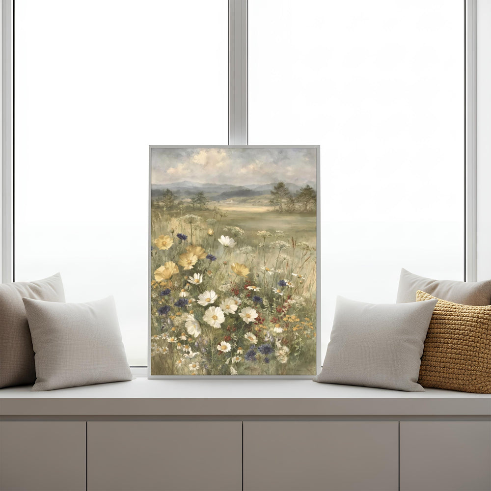 Wildflower Meadow Wall Art Canvas, Vintage Botanical Landscape Print, Rustic Cottage Field Flowers, Nature Inspired Home Decor