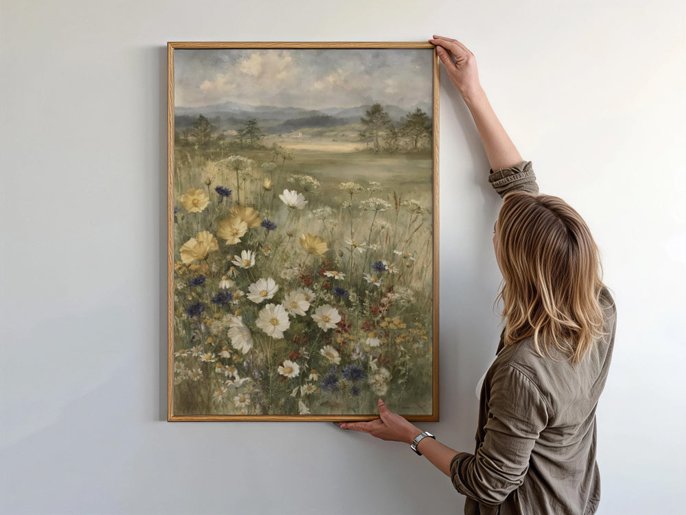 Wildflower Meadow Wall Art Canvas, Vintage Botanical Landscape Print, Rustic Cottage Field Flowers, Nature Inspired Home Decor