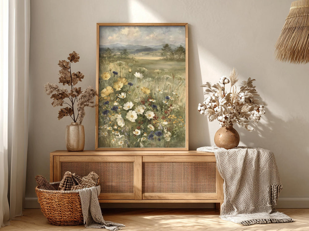 Wildflower Meadow Wall Art Canvas, Vintage Botanical Landscape Print, Rustic Cottage Field Flowers, Nature Inspired Home Decor