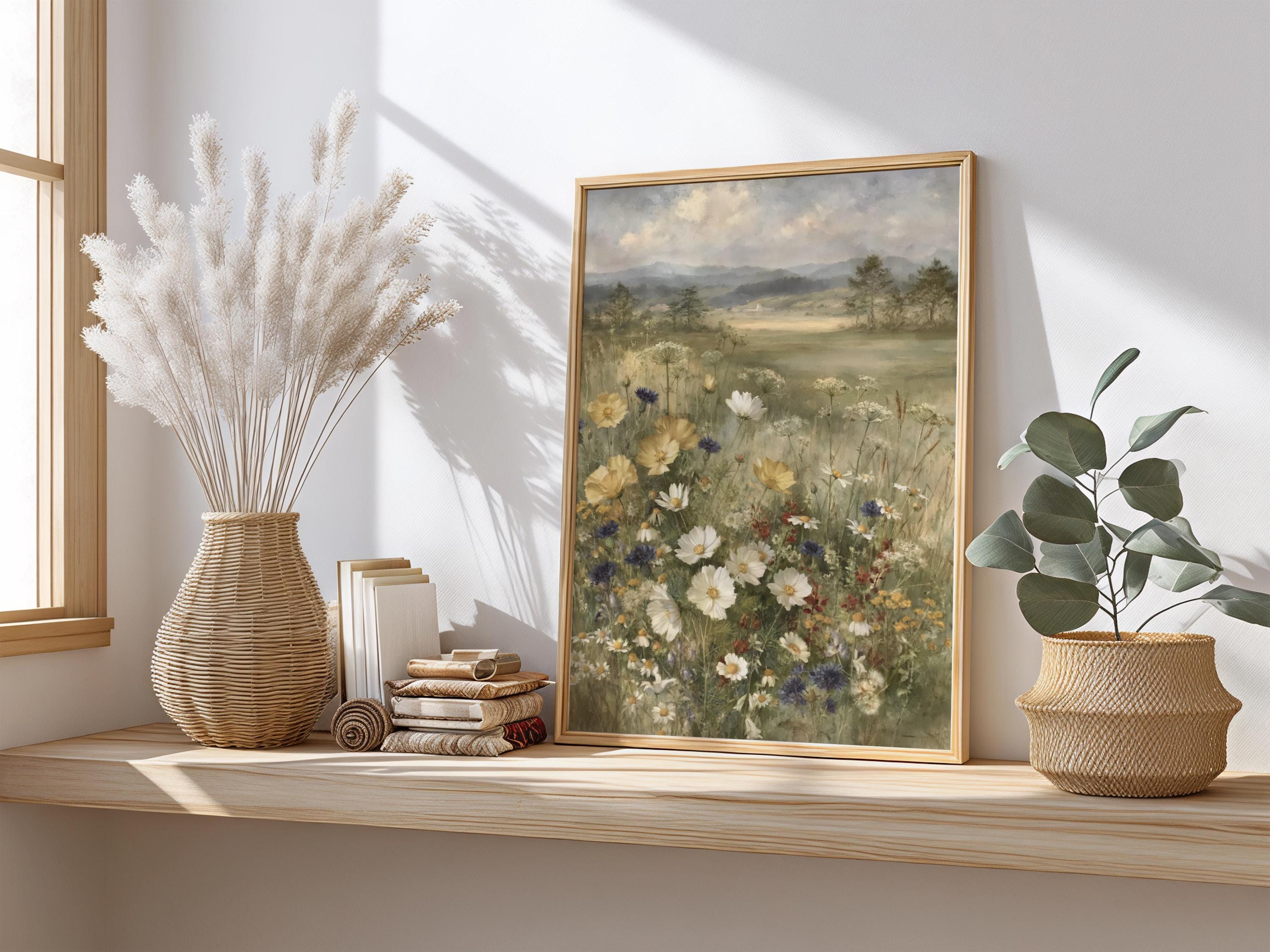 Wildflower Meadow Wall Art Canvas, Vintage Botanical Landscape Print, Rustic Cottage Field Flowers, Nature Inspired Home Decor