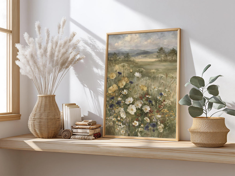 Wildflower Meadow Wall Art Canvas, Vintage Botanical Landscape Print, Rustic Cottage Field Flowers, Nature Inspired Home Decor
