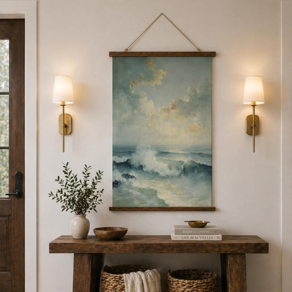 Soft Ocean Wave Tapestry Wall Hanging, Light Coastal Sea Fabric Tapestry, Calm Beach Bedroom Tapestry, Airy Blue Water Decor
