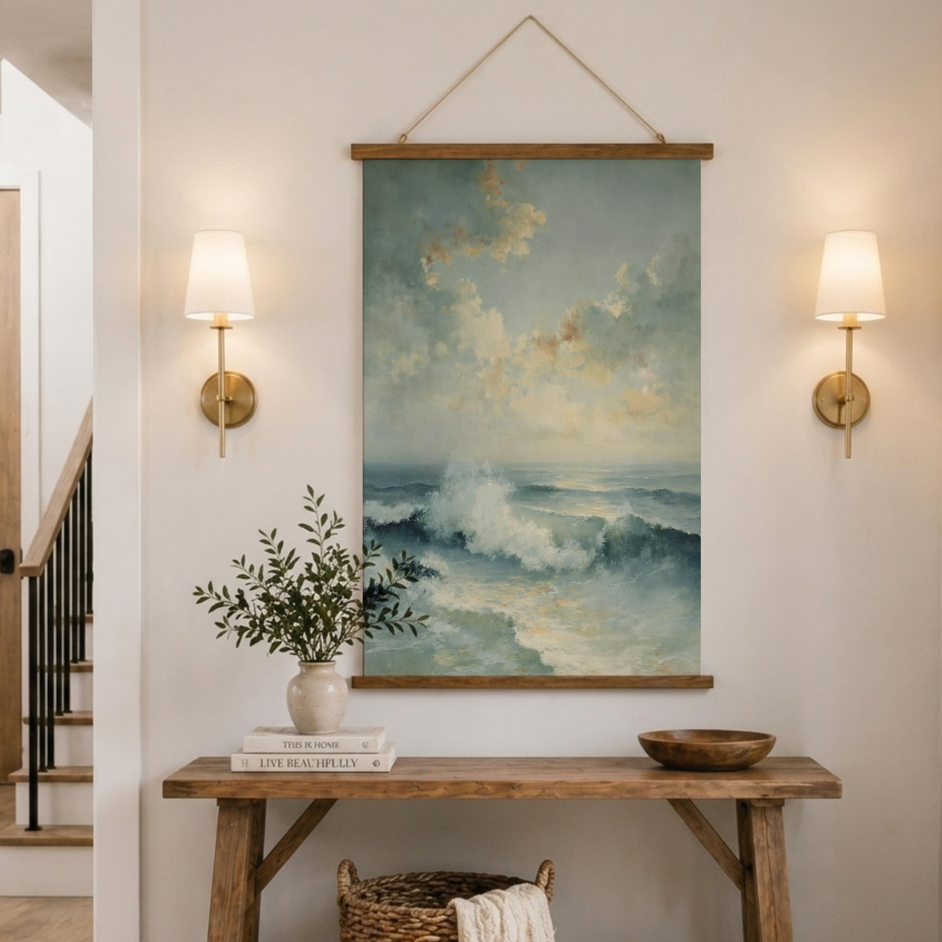 Soft Ocean Wave Tapestry Wall Hanging, Light Coastal Sea Fabric Tapestry, Calm Beach Bedroom Tapestry, Airy Blue Water Decor
