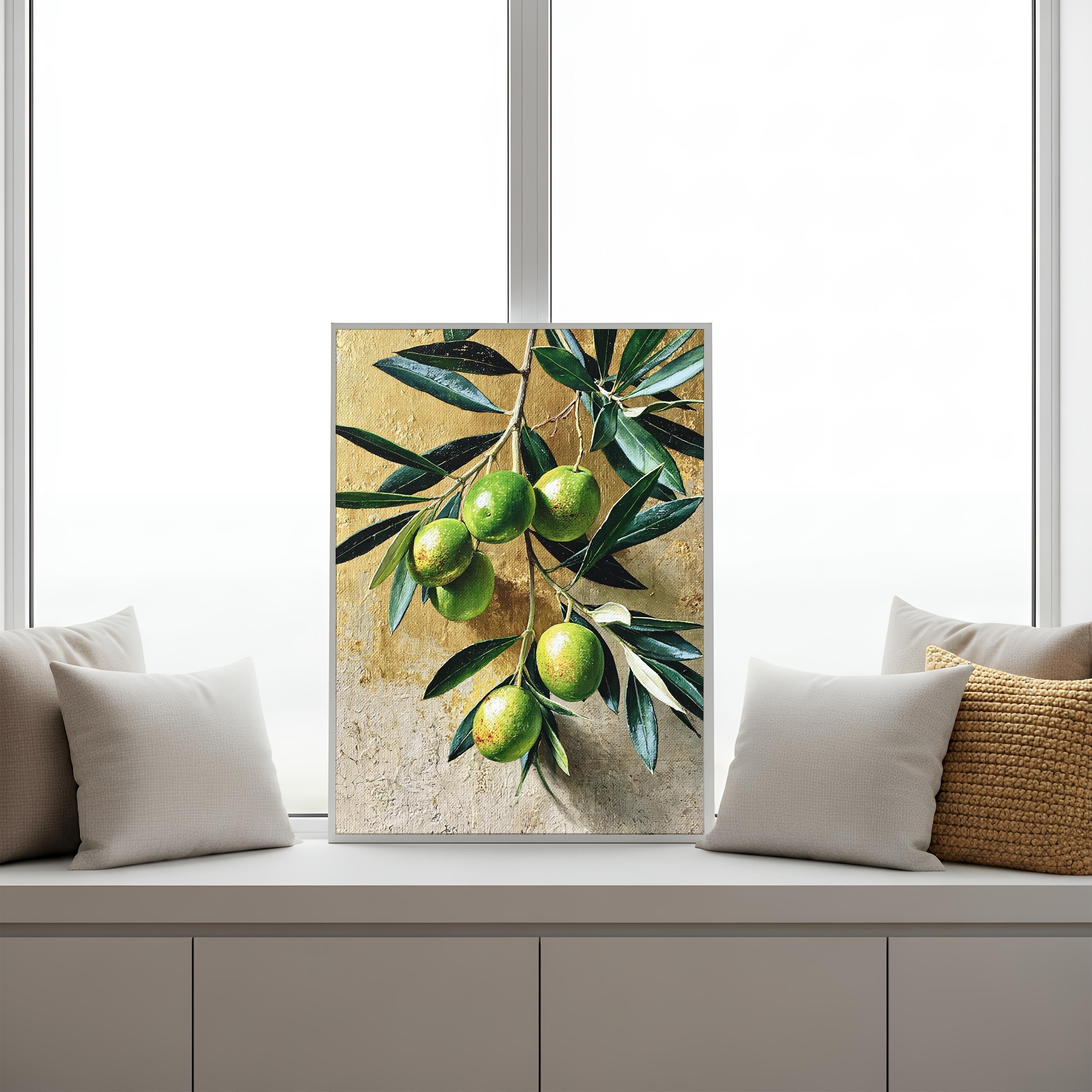 Olive Branch Wall Art Canvas, Mediterranean Kitchen Decor, Rustic Botanical Print, Green Olive Fruit Art, Farmhouse Kitchen Wall Art