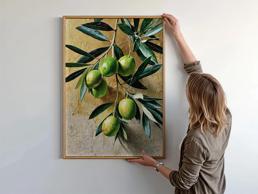 Olive Branch Wall Art Canvas, Mediterranean Kitchen Decor, Rustic Botanical Print, Green Olive Fruit Art, Farmhouse Kitchen Wall Art