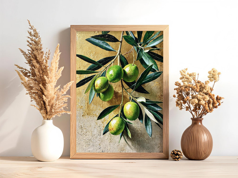 Olive Branch Wall Art Canvas, Mediterranean Kitchen Decor, Rustic Botanical Print, Green Olive Fruit Art, Farmhouse Kitchen Wall Art