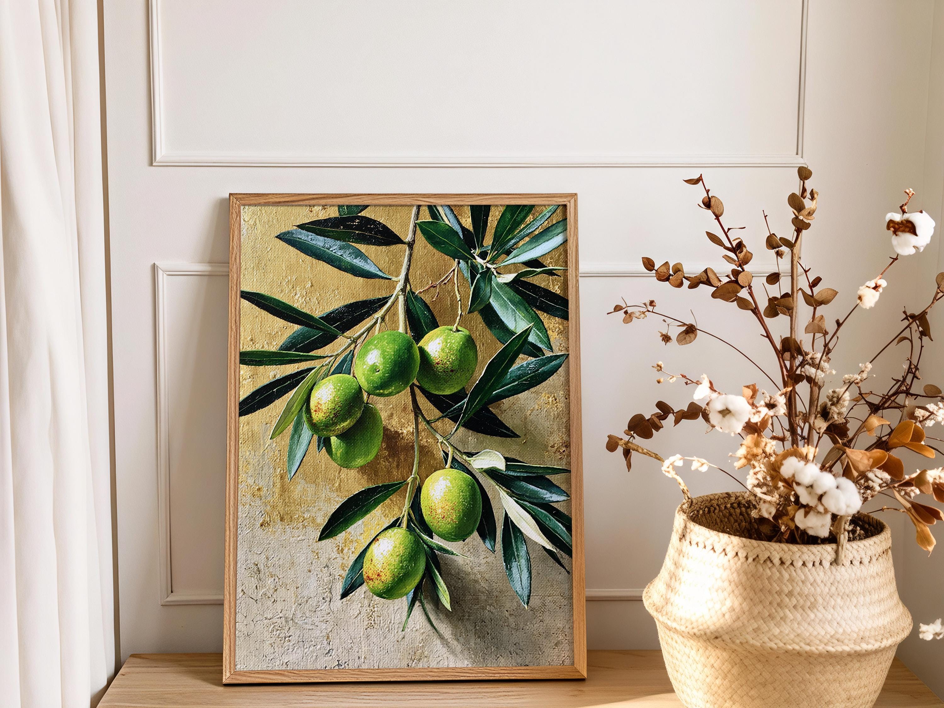 Olive Branch Wall Art Canvas, Mediterranean Kitchen Decor, Rustic Botanical Print, Green Olive Fruit Art, Farmhouse Kitchen Wall Art