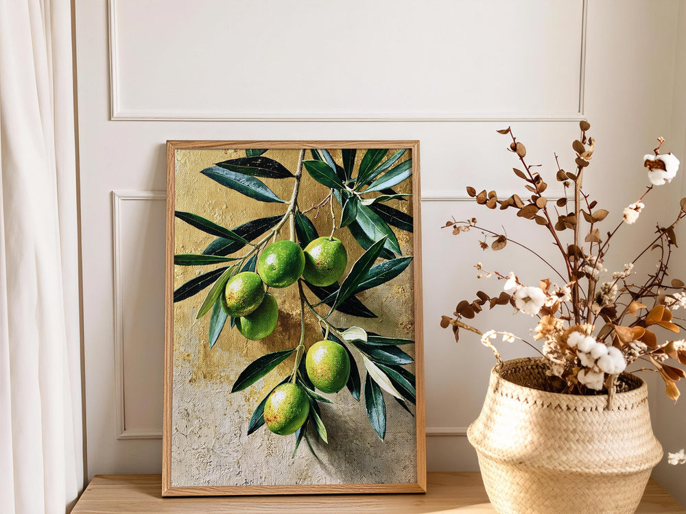 Olive Branch Wall Art Canvas, Mediterranean Kitchen Decor, Rustic Botanical Print, Green Olive Fruit Art, Farmhouse Kitchen Wall Art