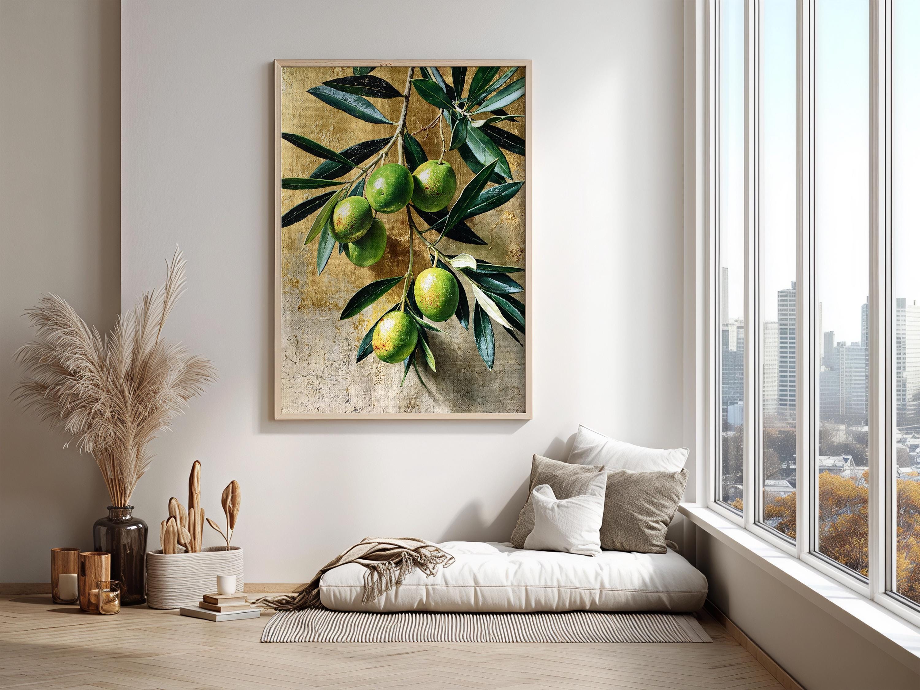 Olive Branch Wall Art Canvas, Mediterranean Kitchen Decor, Rustic Botanical Print, Green Olive Fruit Art, Farmhouse Kitchen Wall Art