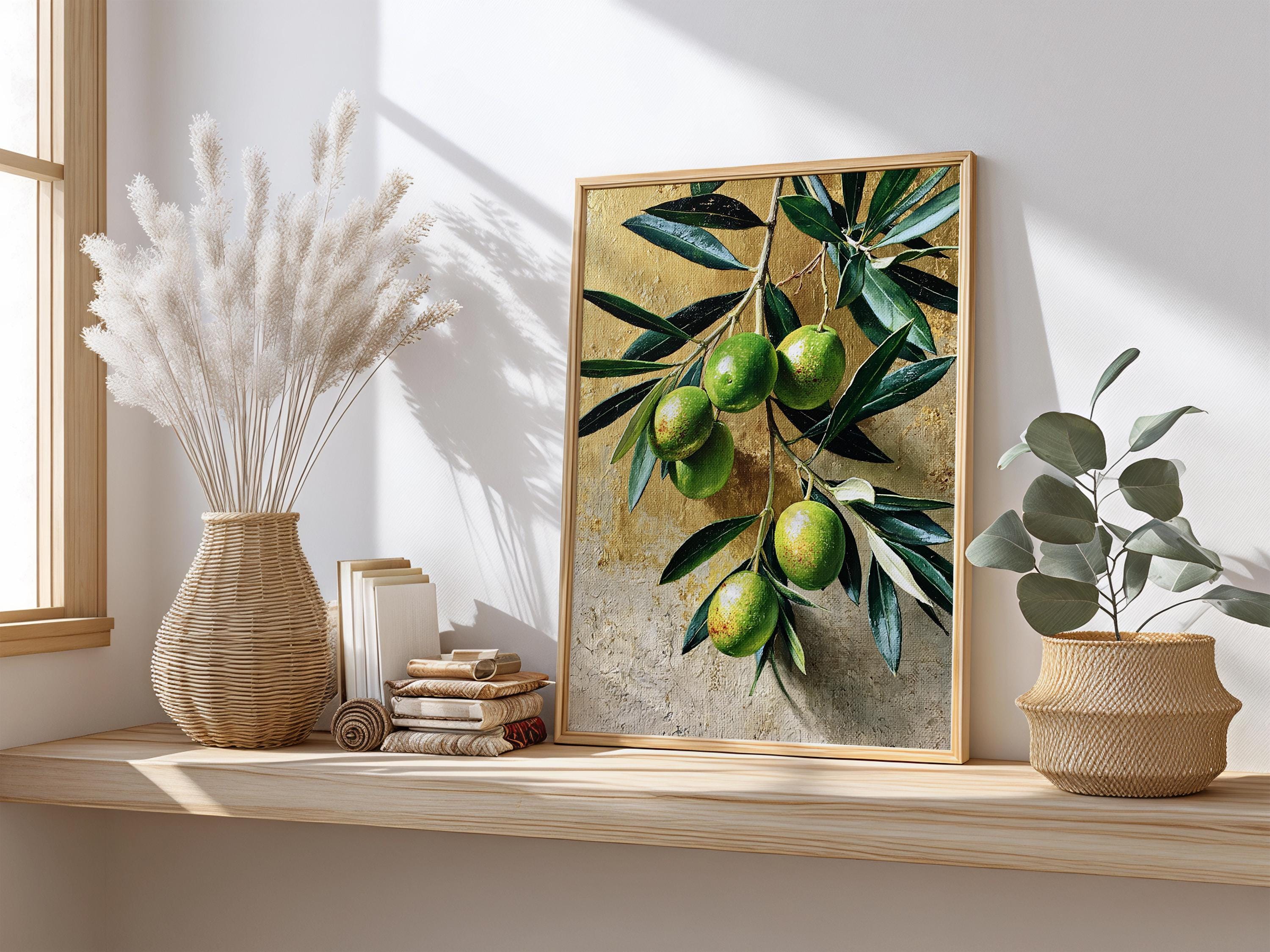 Olive Branch Wall Art Canvas, Mediterranean Kitchen Decor, Rustic Botanical Print, Green Olive Fruit Art, Farmhouse Kitchen Wall Art