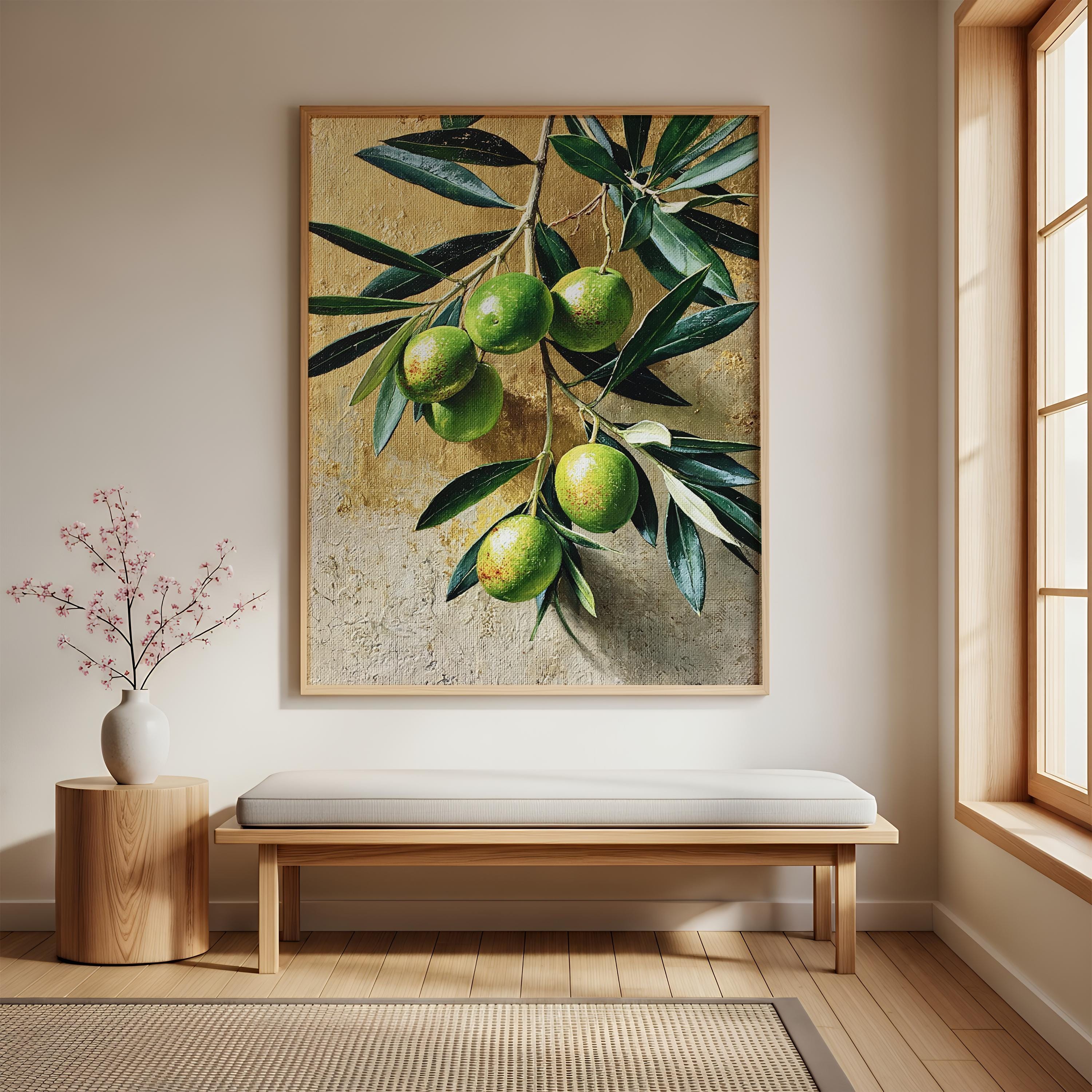 Olive Branch Wall Art Canvas, Mediterranean Kitchen Decor, Rustic Botanical Print, Green Olive Fruit Art, Farmhouse Kitchen Wall Art