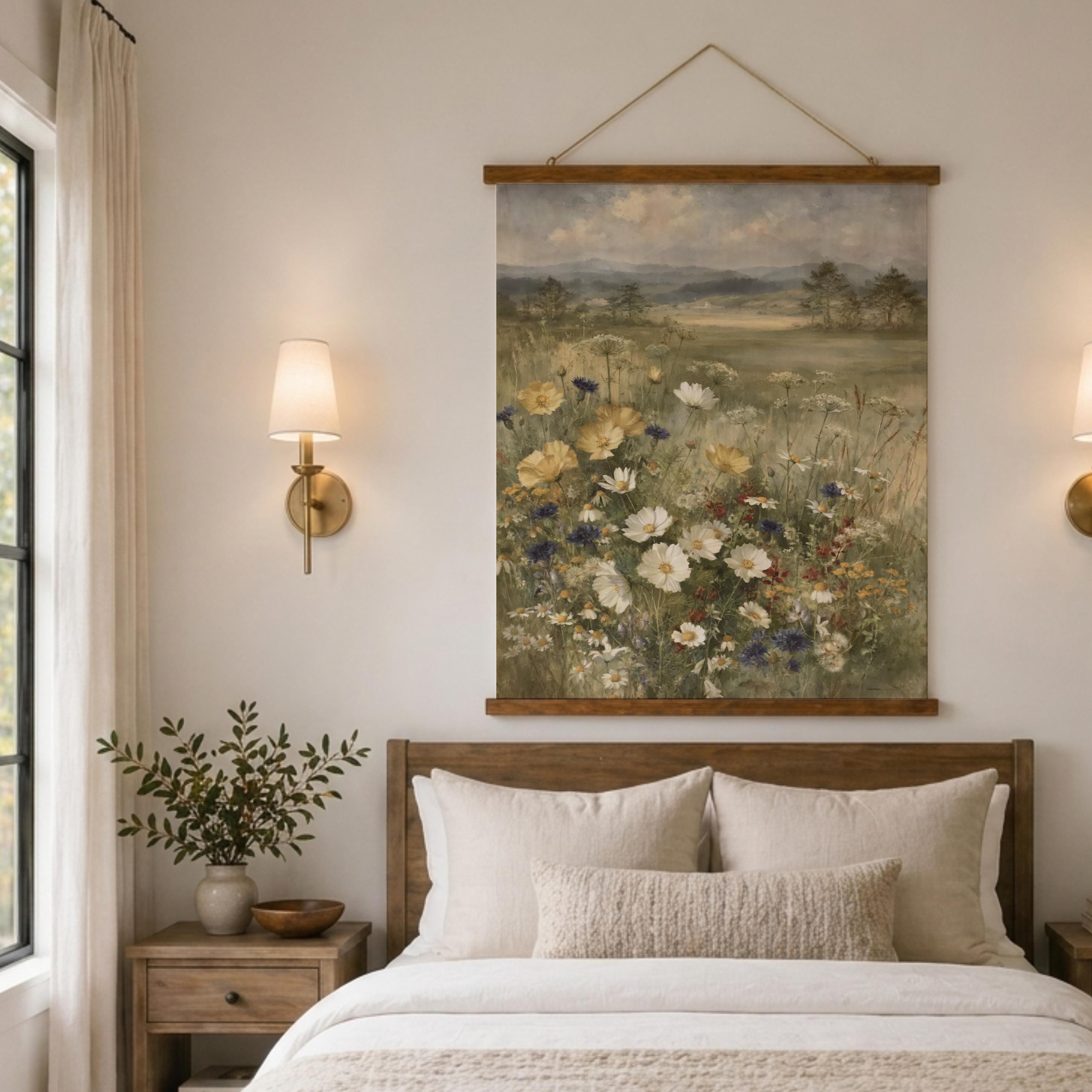 Wildflower Meadow Tapestry Wall Hanging, Soft Floral Field Fabric Tapestry, Calm Country Landscape Tapestry, Neutral Cottage Bedroom Decor