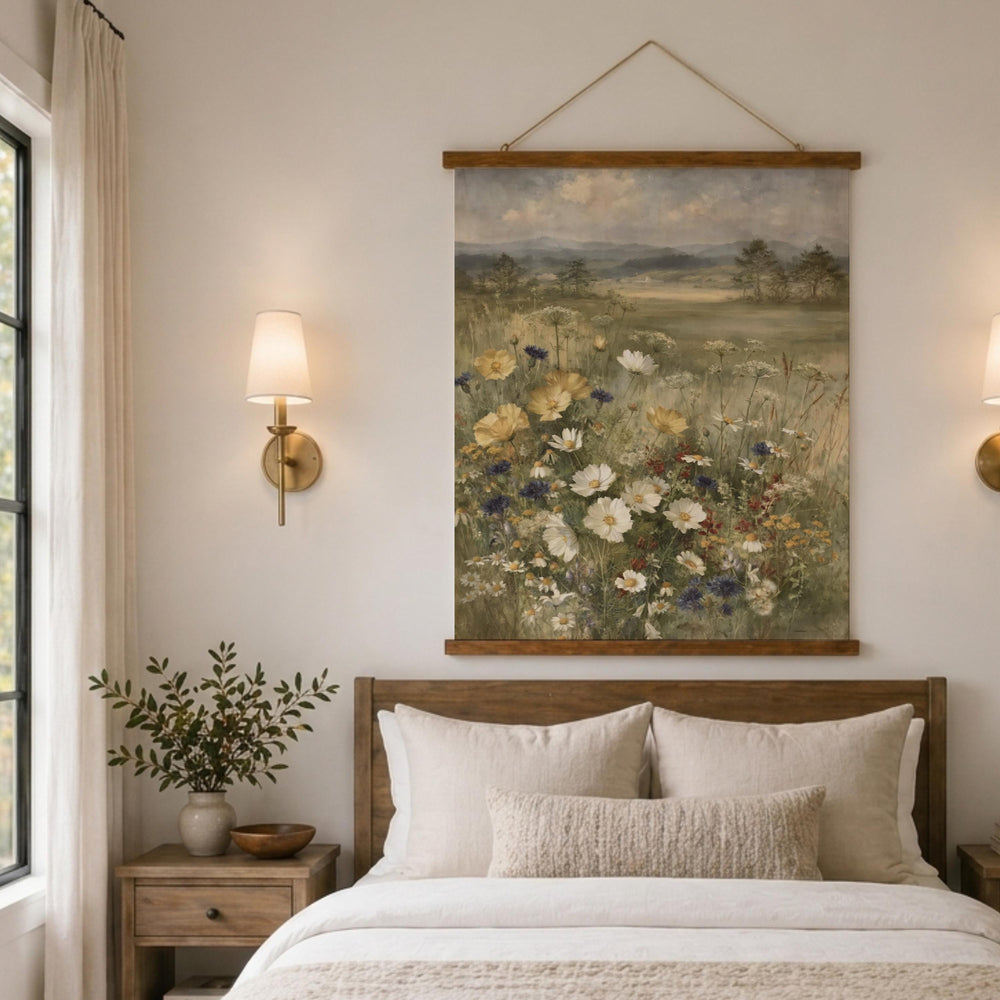 Wildflower Meadow Tapestry Wall Hanging, Soft Floral Field Fabric Tapestry, Calm Country Landscape Tapestry, Neutral Cottage Bedroom Decor