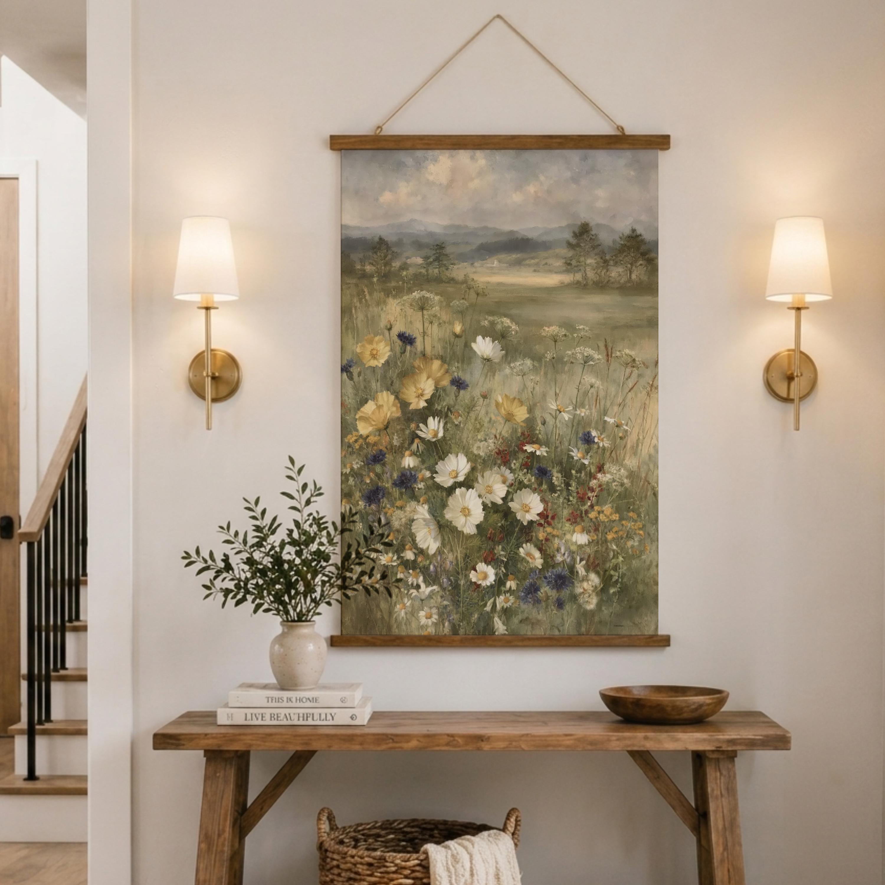 Wildflower Meadow Tapestry Wall Hanging, Soft Floral Field Fabric Tapestry, Calm Country Landscape Tapestry, Neutral Cottage Bedroom Decor