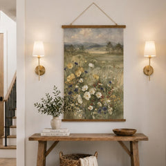 Wildflower Meadow Tapestry Wall Hanging, Soft Floral Field Fabric Tapestry, Calm Country Landscape Tapestry, Neutral Cottage Bedroom Decor